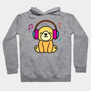 Happy smiling baby dog puppy with headphones. Kawaii cartoon Hoodie